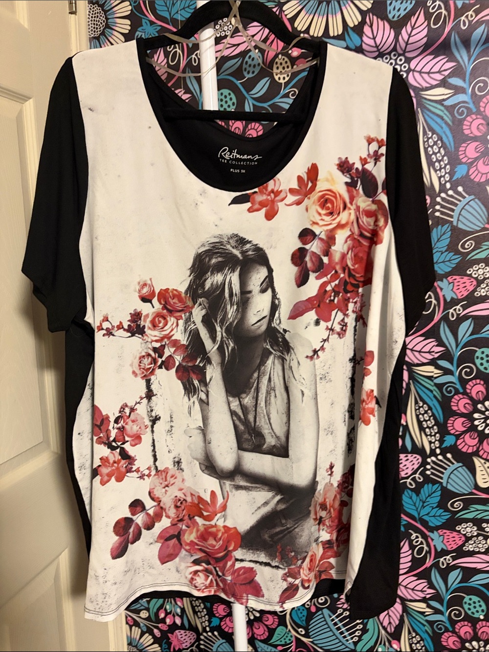 Reitmans Black and White Graphic Tee with Red Floral Accents
